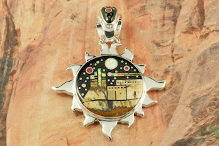 This Pendant is a work of art! Beautiful Starry Night in the Pueblo Design with a view of Monument Valley. Featuring Picture Jasper, and Black Jade inlaid in Sterling Silver Pendant. Beautiful Fire and Ice Lab Opal Moon and Shooting Star! Free 18
